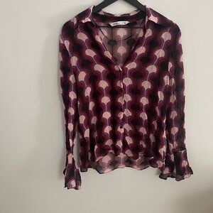 Purple print sheer blouse with flared sleeves from Zara